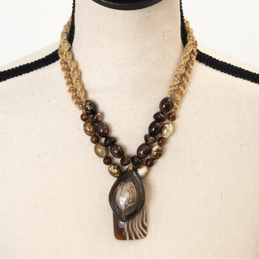 Organic rope neutral pendant necklaces with beads & pendants layered